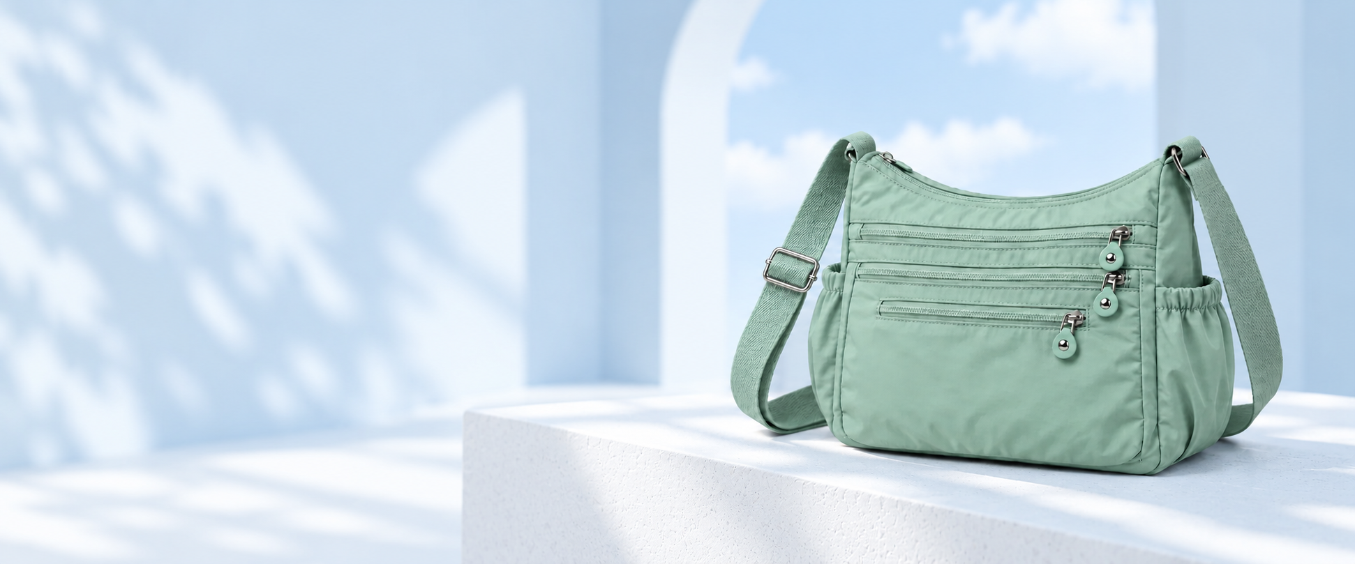 Mint green multi-pocket crossbody bag against an airy pale blue background