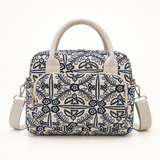 Embroidered Blue Floral Bird logo-free insulated lunch tote, Large