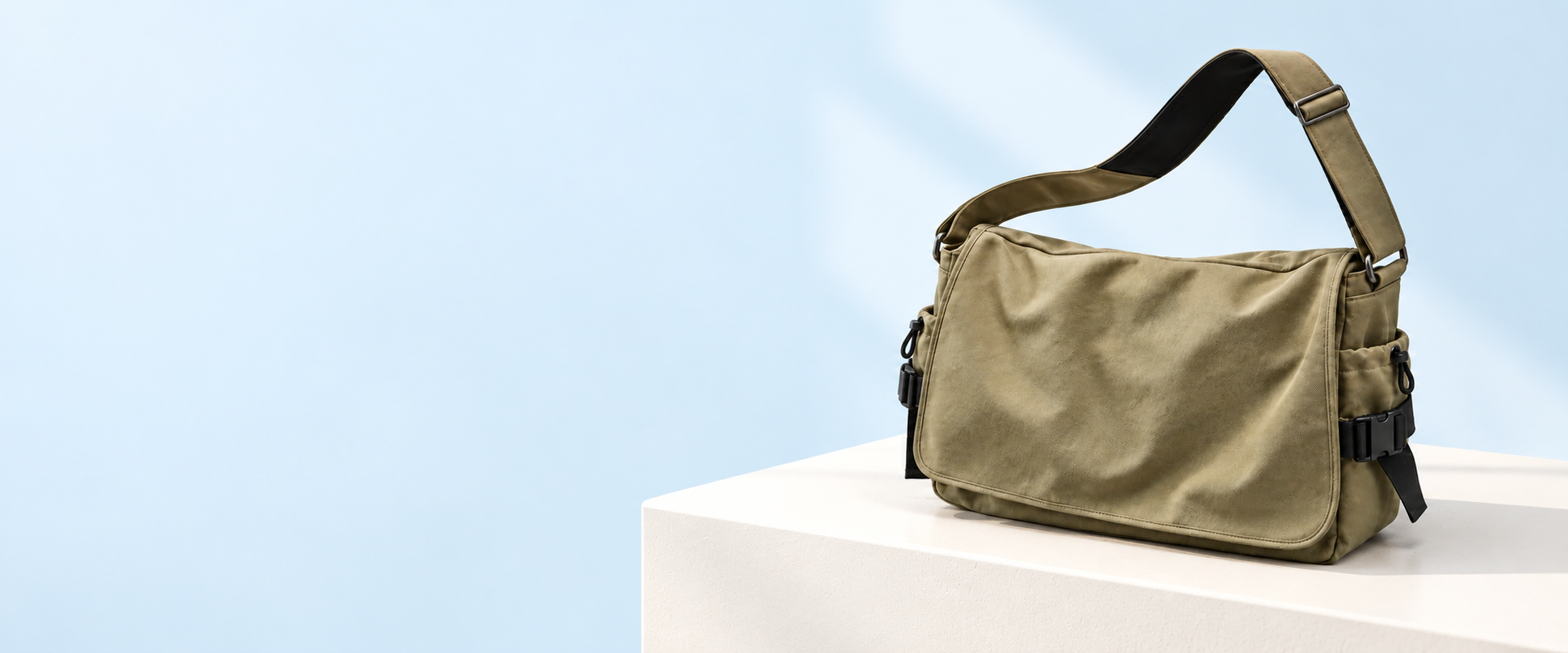 Olive messenger bag on a white display in a pale blue studio
